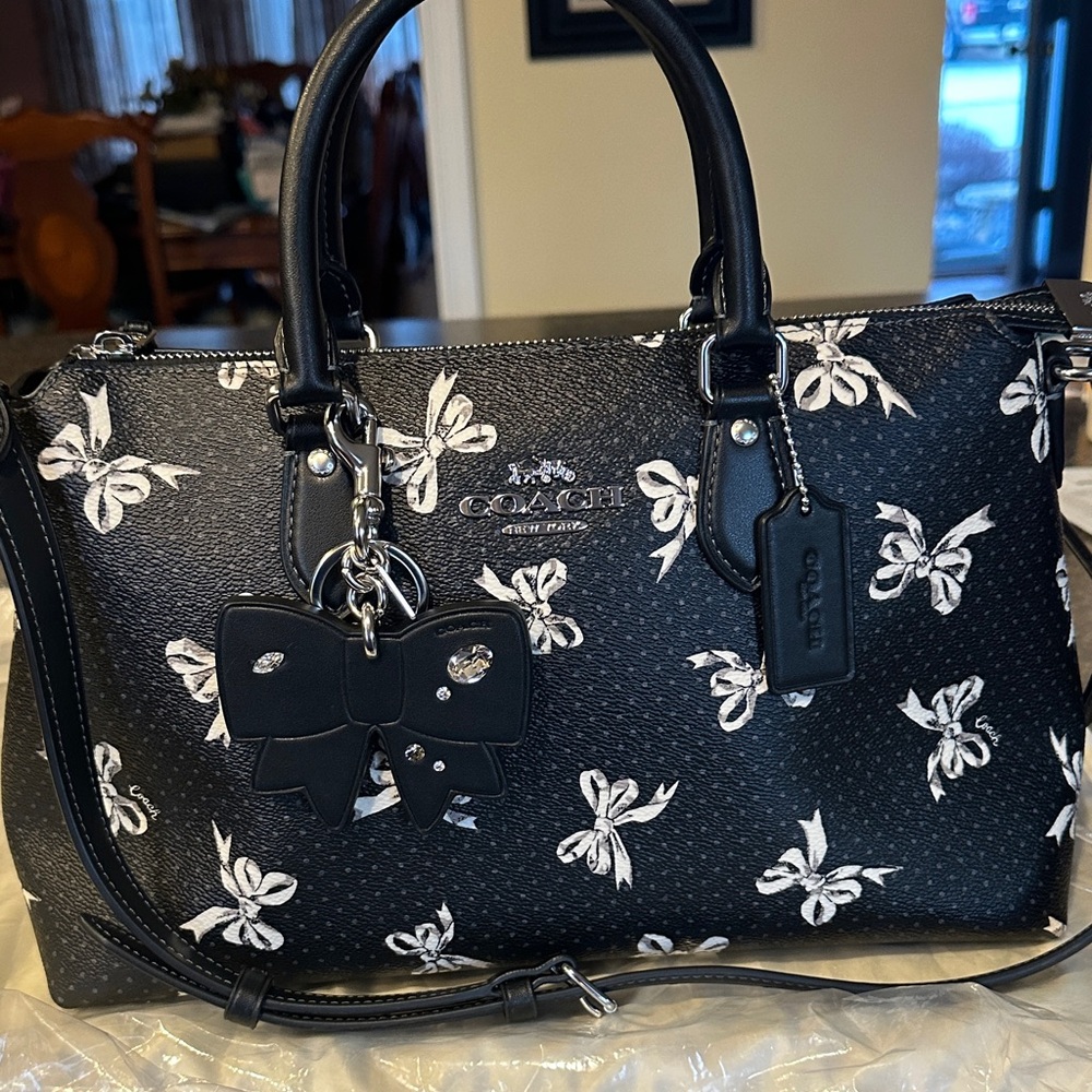Coach Georgia Black Satchel with Bow Print and Bow Charm